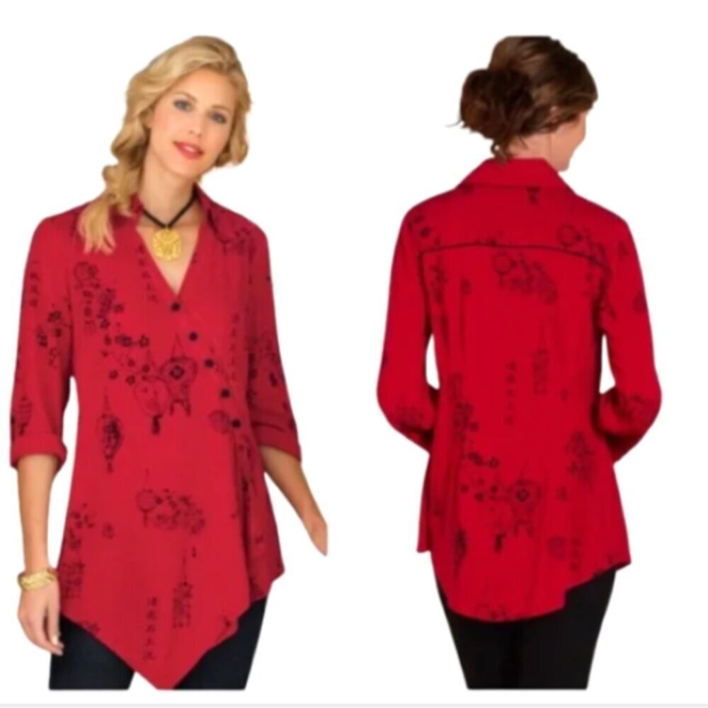 Soft Surroundings Asian‎ Pagoda Lantern Print Wrap Top Sz L Red #200F
